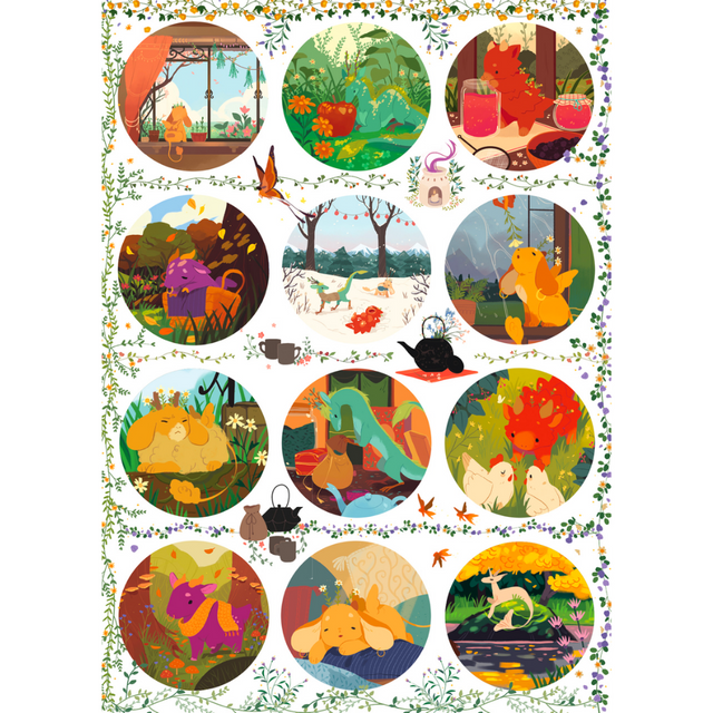 Adult jigsaw puzzle featuring The Tea Dragon Society with colorful circle designs, by Renegade Game Studios.