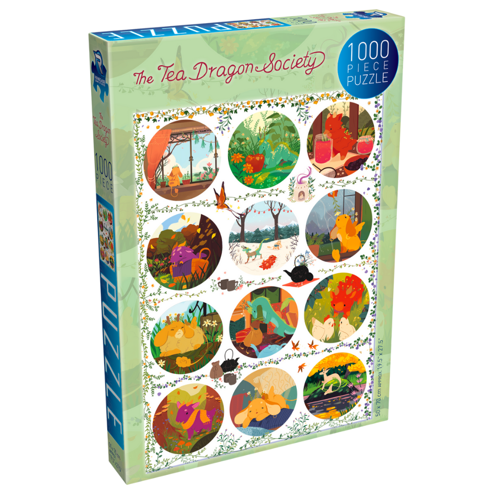 Adult jigsaw puzzle featuring colorful circles inspired by The Tea Dragon Society, by Renegade Game Studios.