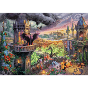 Adult puzzle featuring Thomas Kinkade's Maleficent artwork, 1000-piece Schmidt brand jigsaw puzzle, vibrant and detailed image.