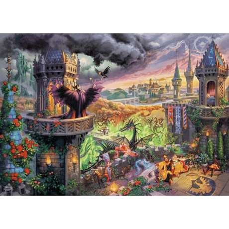 Adult puzzle featuring Thomas Kinkade's Maleficent artwork, 1000-piece Schmidt brand jigsaw puzzle, vibrant and detailed image.