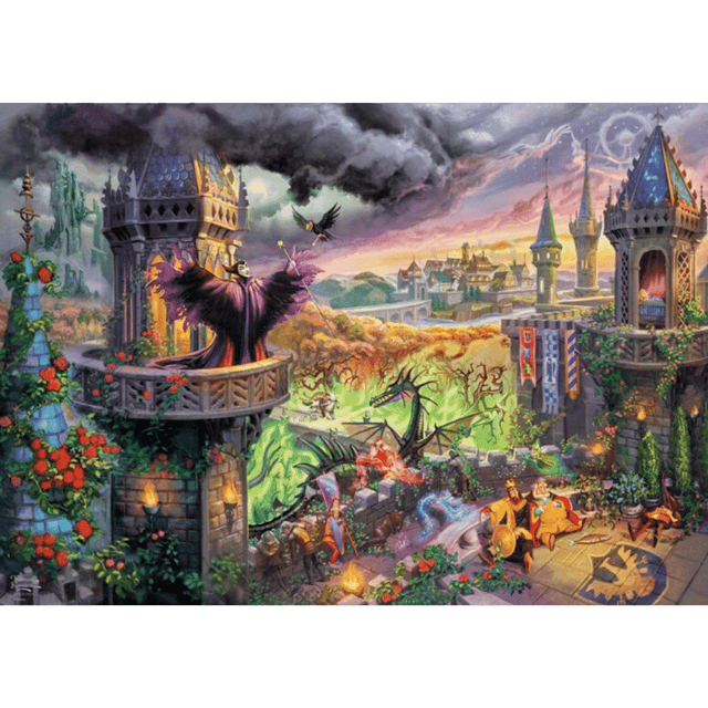 Adult puzzle featuring Thomas Kinkade's Maleficent artwork, 1000-piece Schmidt brand jigsaw puzzle, vibrant and detailed image.