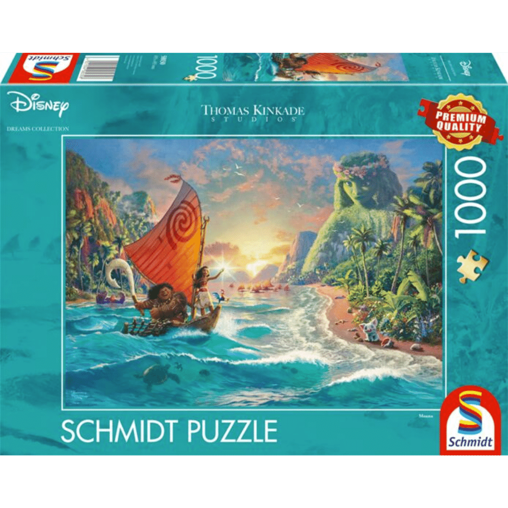 Adult puzzle by Schmidt featuring Thomas Kinkade's Moana artwork, showing a colorful scene of the Disney character on the box cover.