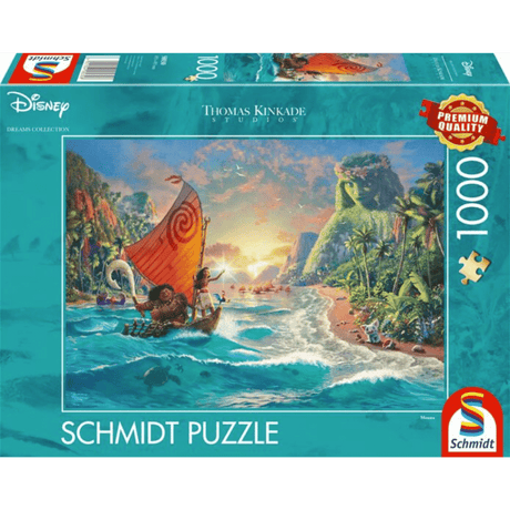 Adult puzzle by Schmidt featuring Thomas Kinkade's Moana artwork, showing a colorful scene of the Disney character on the box cover.