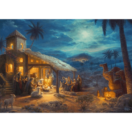 Adult puzzle featuring Thomas Kinkade's Spirit, The Nativity scene, with detailed holiday nativity artwork by Schmidt.