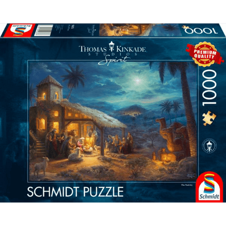 Thomas Kinkade Spirit The Nativity adult puzzle by Schmidt featuring a peaceful nativity scene with warm, glowing lights and detailed artwork.