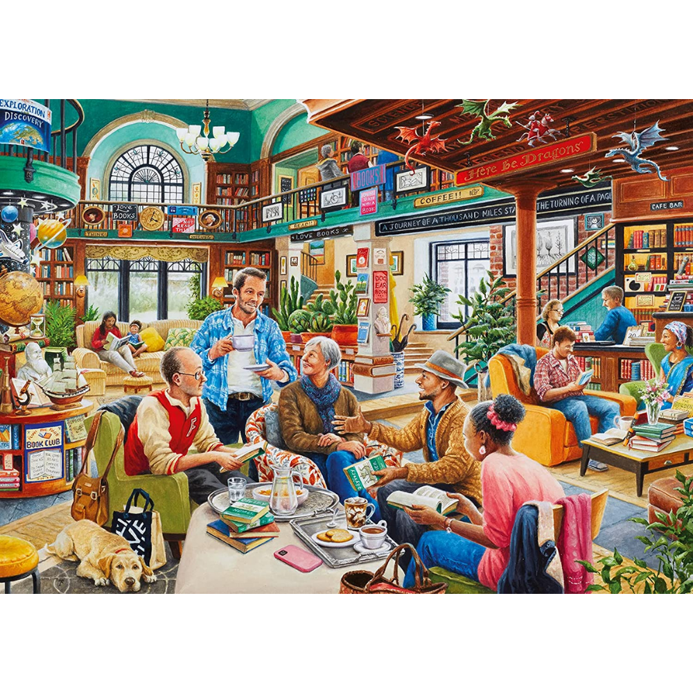 Ravensburger adult puzzle titled "Turn the Page" featuring a colorful book-themed design for book club enthusiasts.
