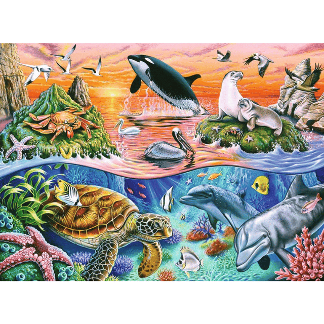 Colorful children's underwater puzzle by Ravensburger featuring marine life and vibrant ocean scene.