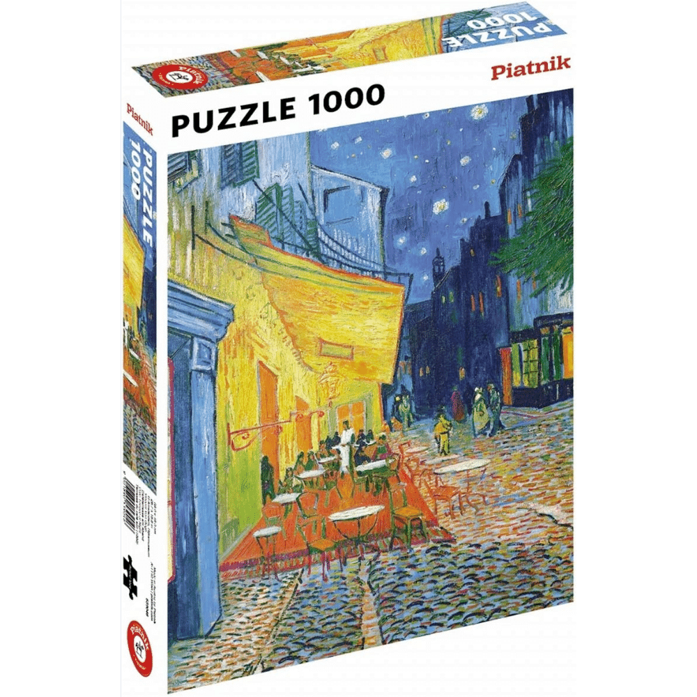 Piatnik adult puzzle featuring Van Gogh's Café Terrace at Night, colorful artwork image for assembling and display.
