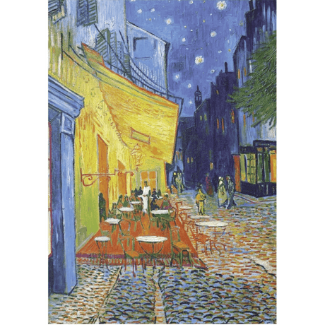 Piatnik adult puzzle featuring Van Gogh's Café Terrace at Night, colorful jigsaw puzzle depicting a vibrant night scene.