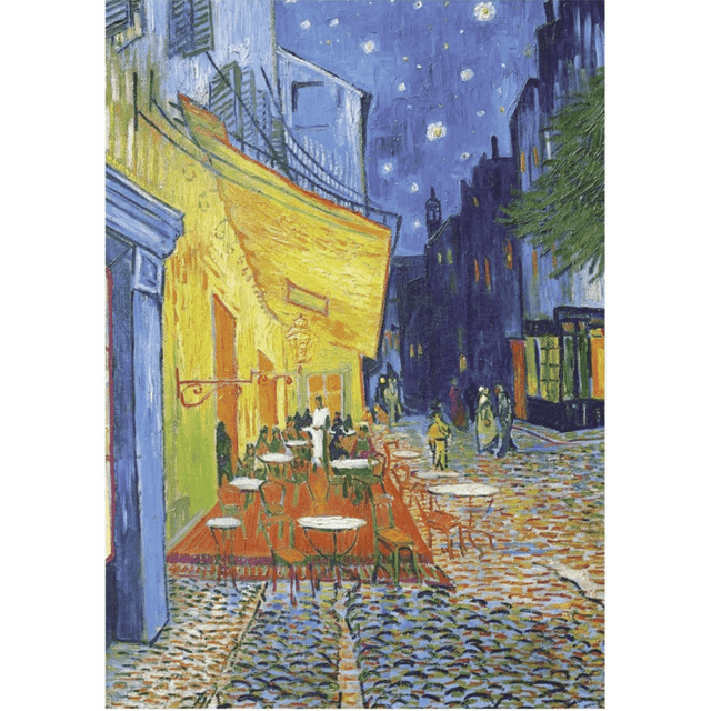 Piatnik adult puzzle featuring Van Gogh's Café Terrace at Night, colorful jigsaw puzzle depicting a vibrant night scene.