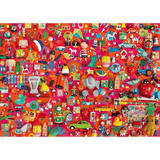Vintage Schmidt adult puzzle featuring vintage toy illustrations on colorful puzzle pieces.