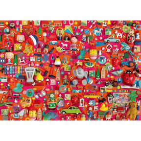 Vintage Schmidt adult puzzle featuring vintage toy illustrations on colorful puzzle pieces.