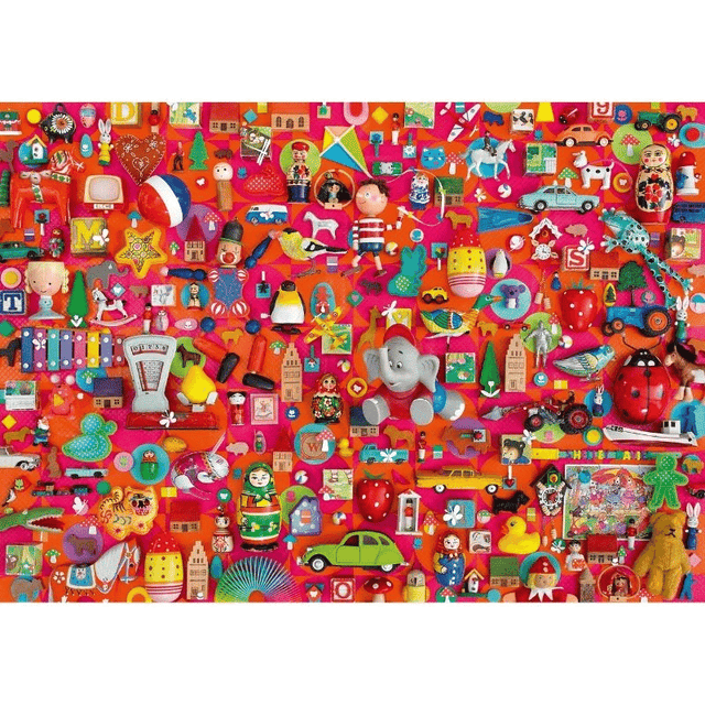 Vintage Schmidt adult puzzle featuring vintage toy illustrations on colorful puzzle pieces.