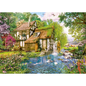 Adult Falcon de luxe Watermill Cottage puzzle showing a scenic watermill and cottage scene with detailed countryside landscape.