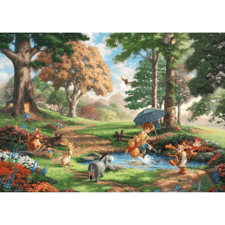 Thomas Kinkade Winnie the Pooh adult puzzle by Schmidt showing a colorful illustration of Winnie the Pooh and friends.