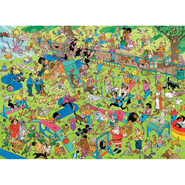Jan van Haasteren Dog Parkour 1000-piece jigsaw puzzle artwork on a transparent background