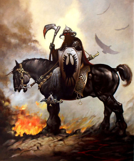 Adult puzzle featuring Frank Frazetta’s Death Dealer artwork by River Horse Games, with intricate fantasy warrior design.